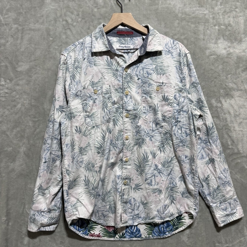 Tommy Bahama Shirt Medium Blue Leaf Print Long Sleeve Classic Casual Button Up